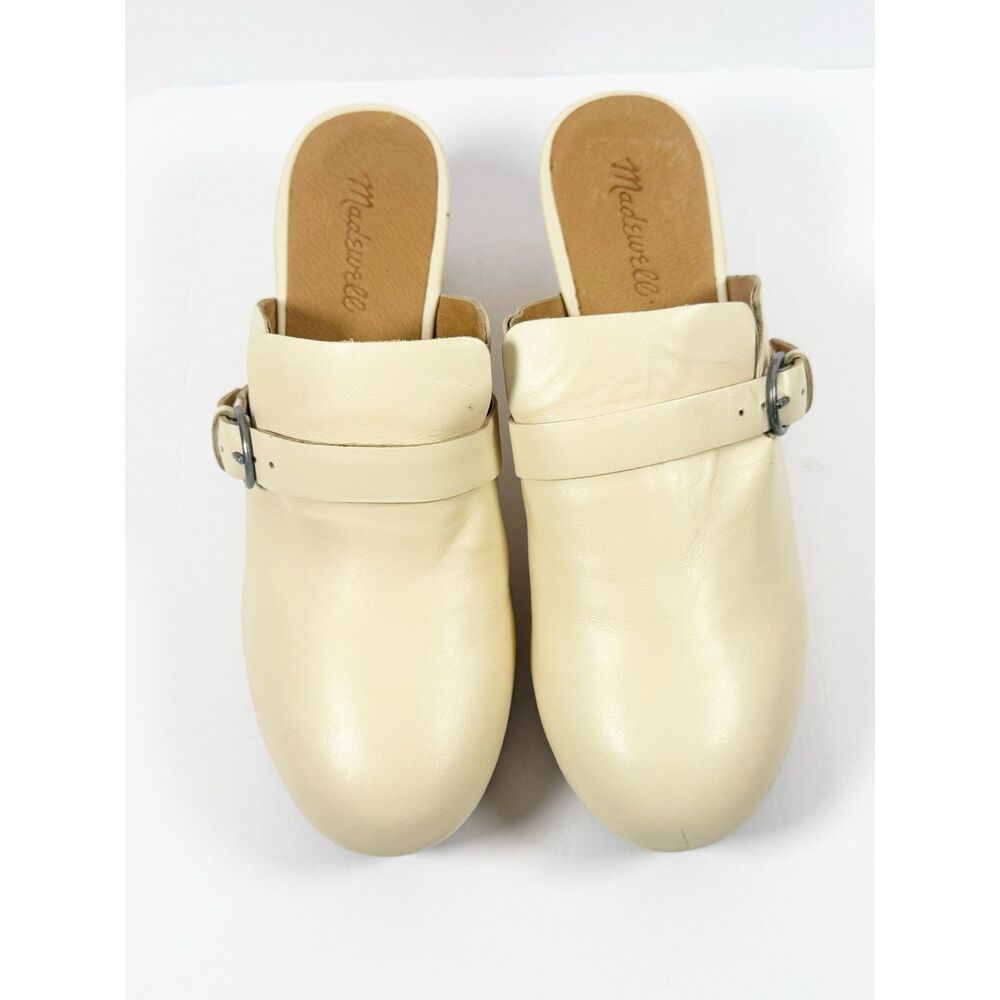 Madewell Monique Buckle Clogs Ivory Leather Chunky Wood Heel Buckle Slip On Sz 9 - Picture 5 of 16